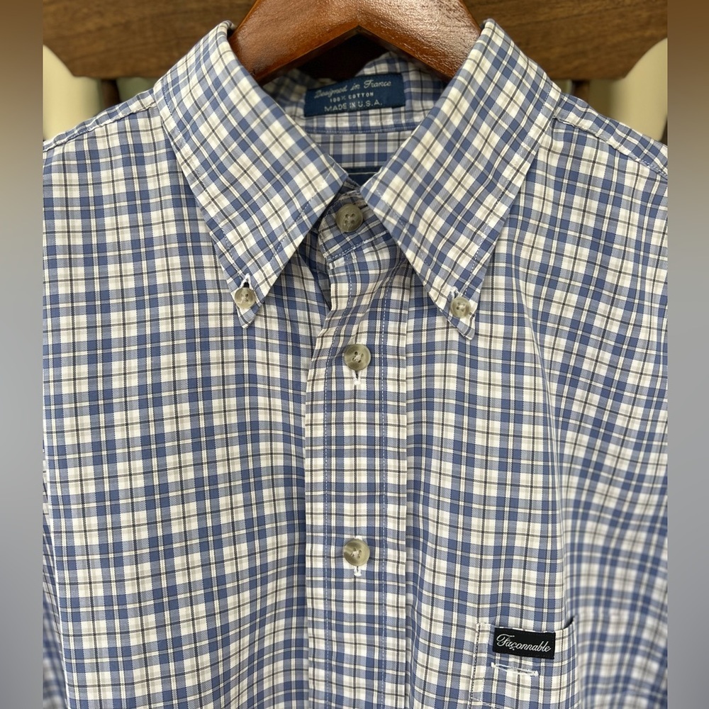 Facconable Men’s Shirt Made in USA 100% Cotton Long Sleeve Button Blue Plaid M